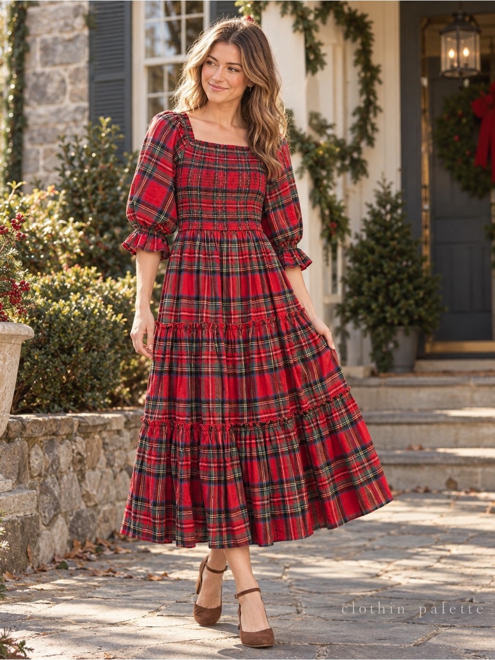 Ivy City Co Madeline Dress Holiday Plaid Red Tartan Midi XS